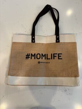 Large #MOMLIFE Wantable Jute Tote Bag in Natural/Cream